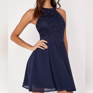 Lulus Lover's Game Navy Blue Lace Skater Dress size small sheath lined floral